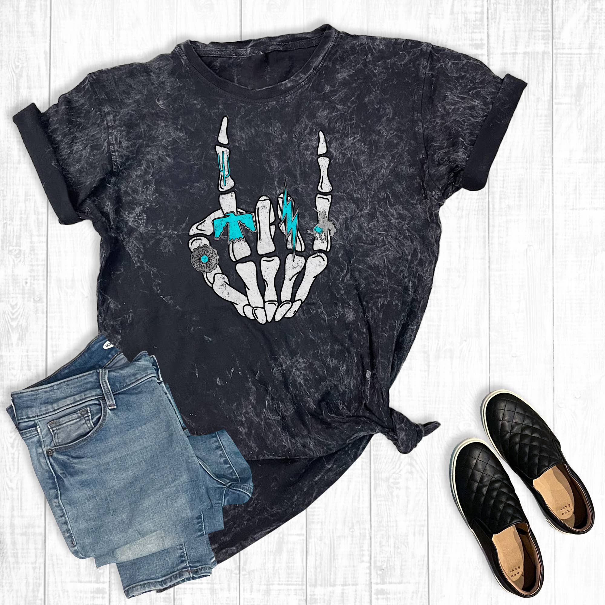 Turquoise Western Skelton Hand Mineral Wash Graphic - Adult & Kids T-Shirts, Sweatshirts & Hoodies apparel design preview 1
