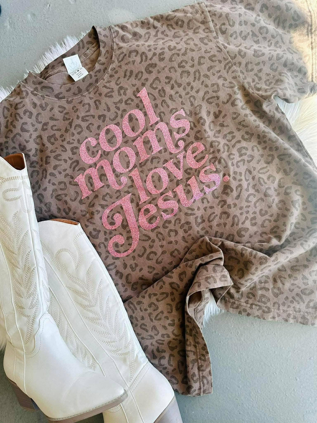 Cool Moms Love Jesus Glitter Vinyl Leopard Top - Adult & Kids T-Shirts, Sweatshirts & Hoodies apparel design preview 1
