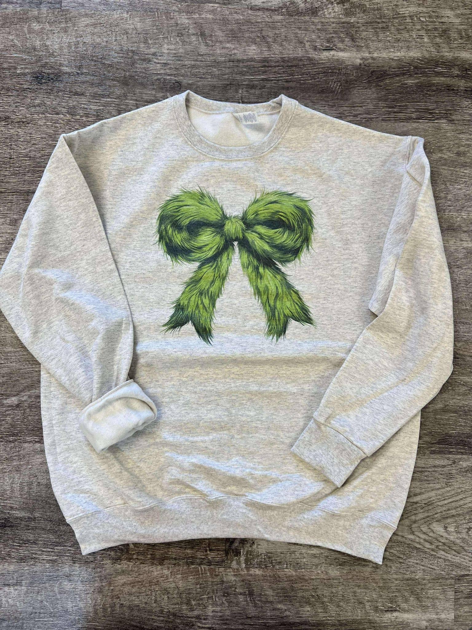 Furry Green Christmas Bow On Heather Oatmeal - Adult & Kids T-Shirts, Sweatshirts & Hoodies apparel design preview 1