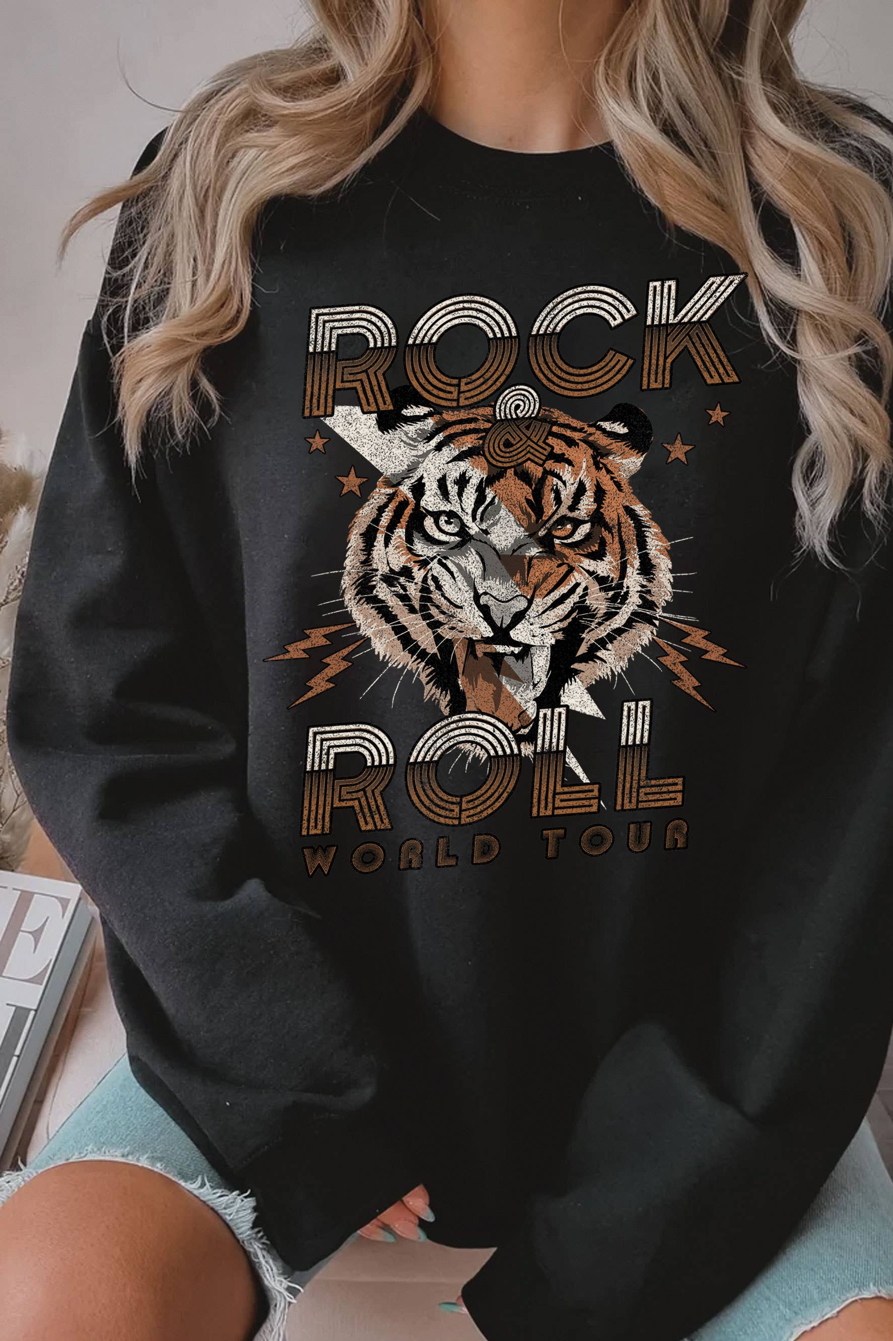 Rock and Roll World Tour Tiger Graphic Brushed - Adult & Kids T-Shirts, Sweatshirts & Hoodies apparel design preview 1