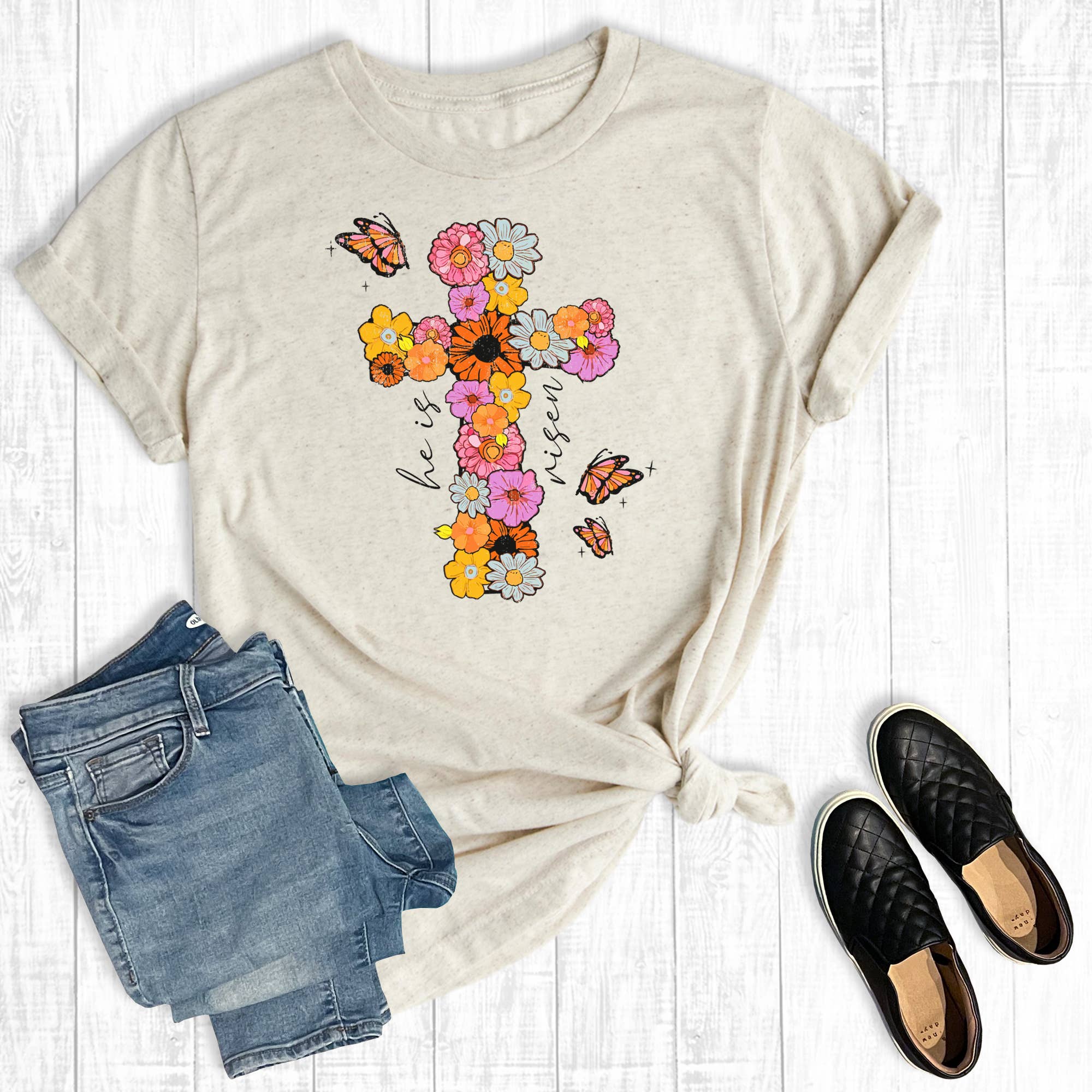 Easter Floral Cross He Is Risen Graphic - Adult & Kids T-Shirts, Sweatshirts & Hoodies apparel design preview 1