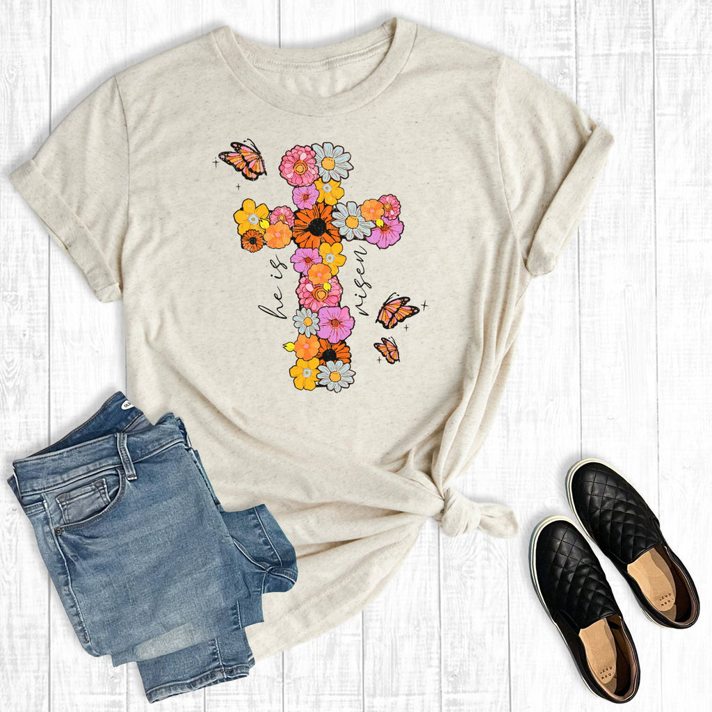 Easter Floral Cross He Is Risen Graphic - Adult & Kids T-Shirts, Sweatshirts & Hoodies apparel design preview 1