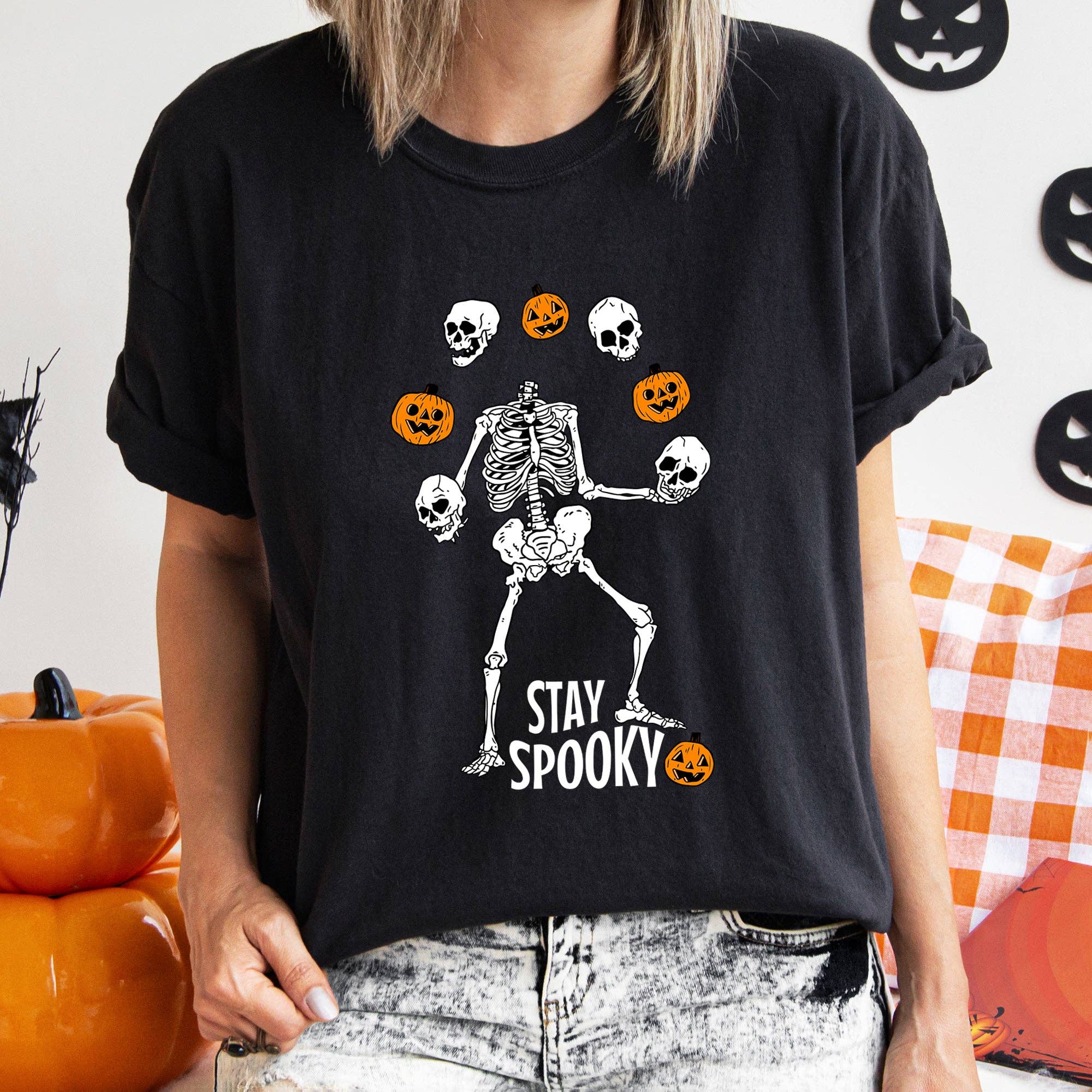 Stay Spooky Juggling Skeleton Halloween White Print - Adult & Kids T-Shirts, Sweatshirts & Hoodies apparel design preview 1