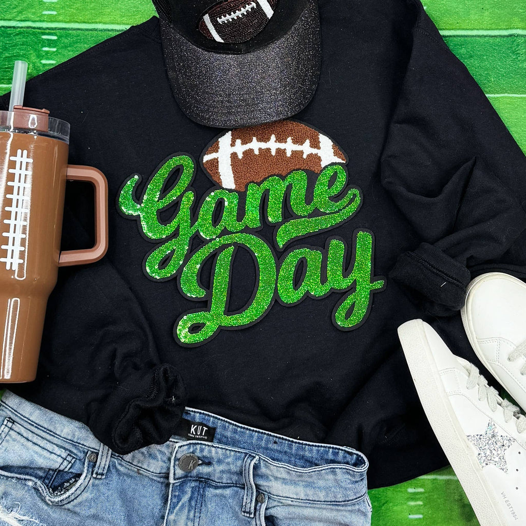 Green Sequin Football Game Day Patch Black Crewneck - Adult & Kids T-Shirts, Sweatshirts & Hoodies apparel design preview 1