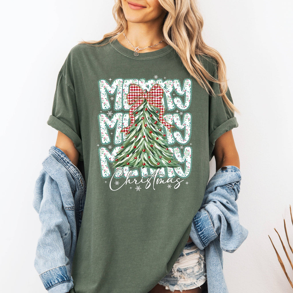 Merry Christmas, Tree, Classic, Santa, Gingham Bow - Adult & Kids T-Shirts, Sweatshirts & Hoodies apparel design preview 1