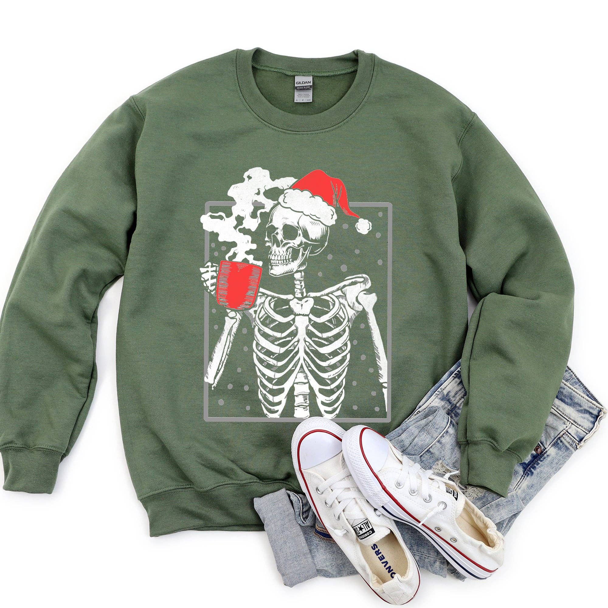 Santa Skeleton Coffee, Vintage, Christmas - Adult & Kids T-Shirts, Sweatshirts & Hoodies apparel design preview 1
