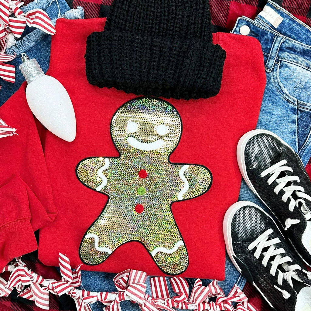 Sequin Gingerbread Man Red Crewneck - Adult & Kids T-Shirts, Sweatshirts & Hoodies apparel design preview 1