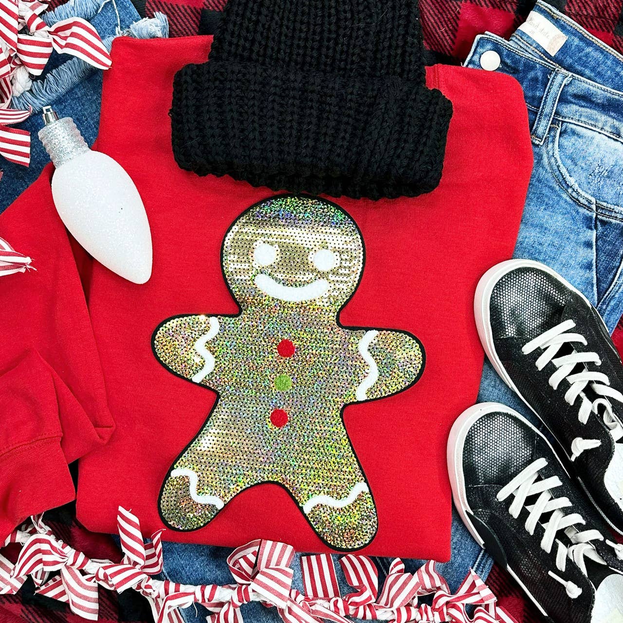 Sequin Gingerbread Man Red Crewneck - Adult & Kids T-Shirts, Sweatshirts & Hoodies apparel design preview 1