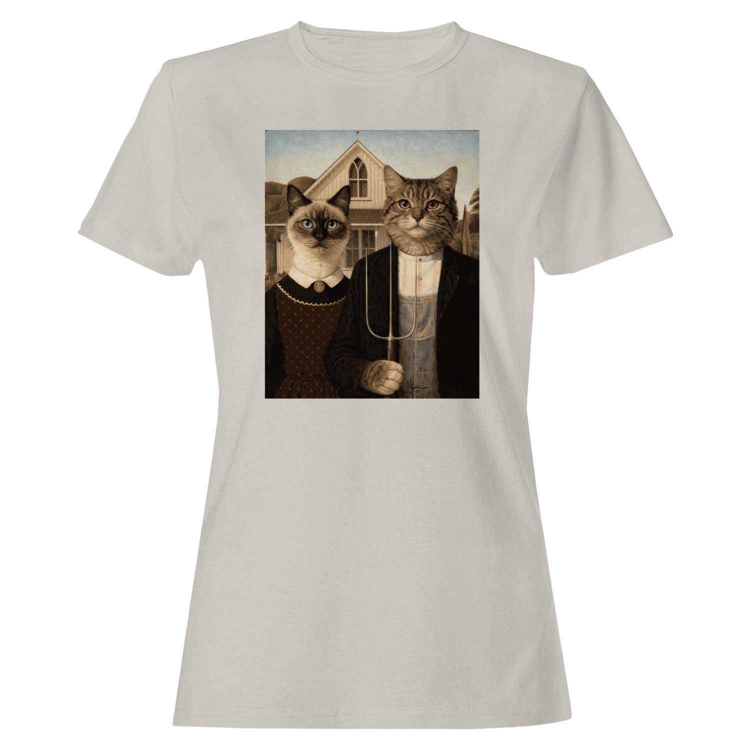American Gothic Cat Women's Ice Grey - Adult & Kids T-Shirts, Sweatshirts & Hoodies apparel design preview 1