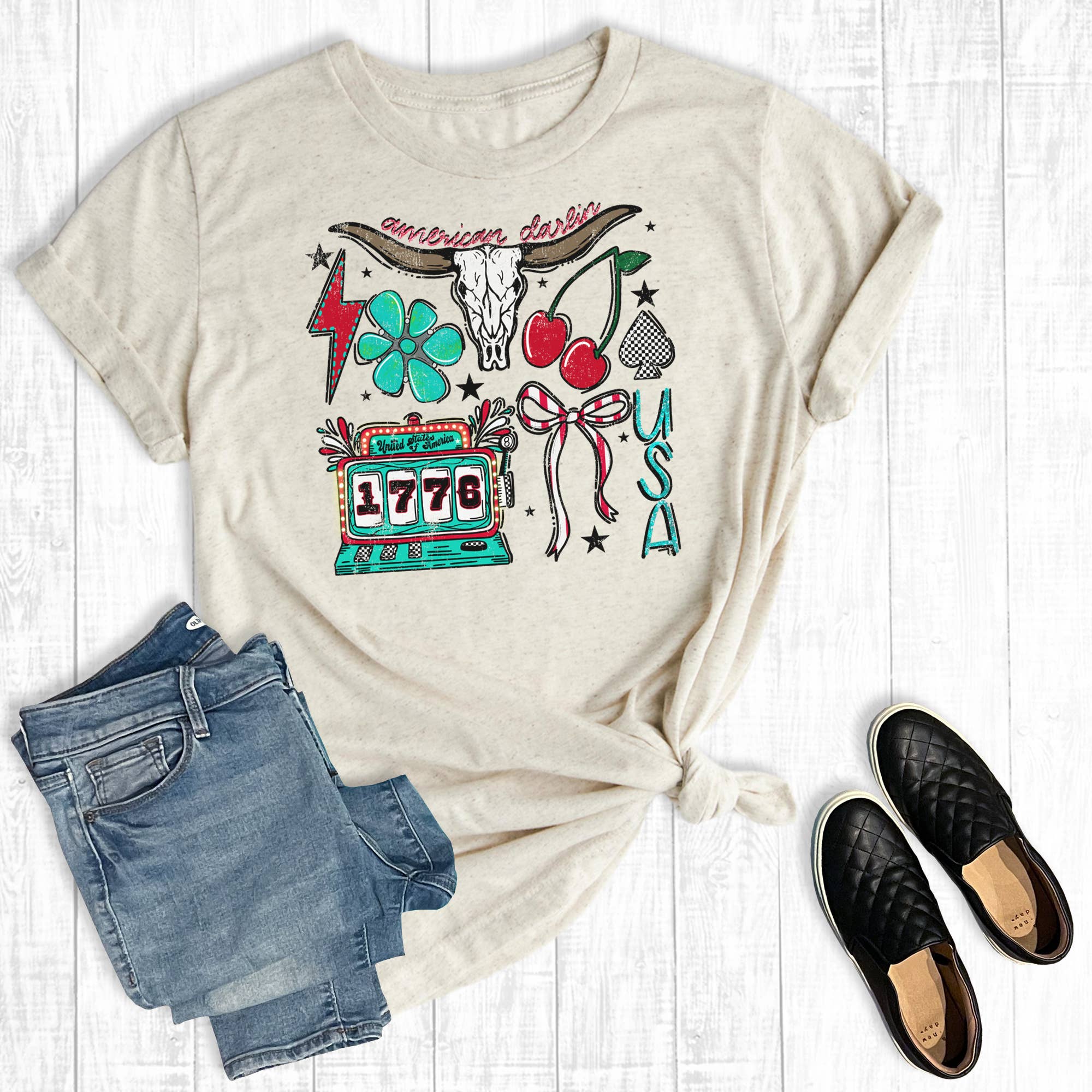 Western 4th of July Cow Skull Collage Graphic - Adult & Kids T-Shirts, Sweatshirts & Hoodies apparel design preview 1
