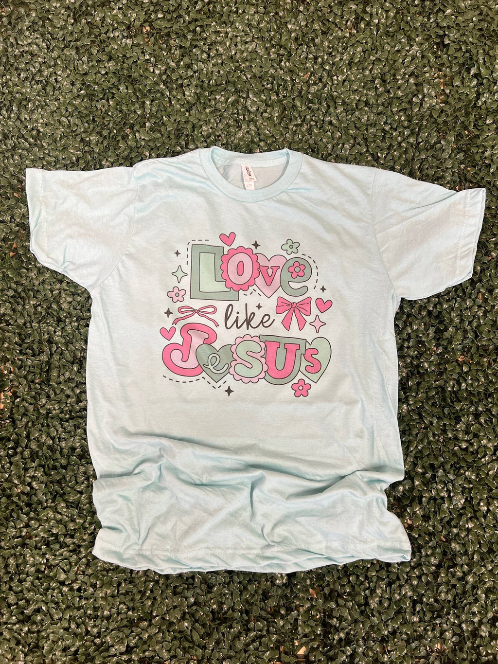 Love Like Jesus Pink and Green Hearts On Heather - Adult & Kids T-Shirts, Sweatshirts & Hoodies apparel design preview 1