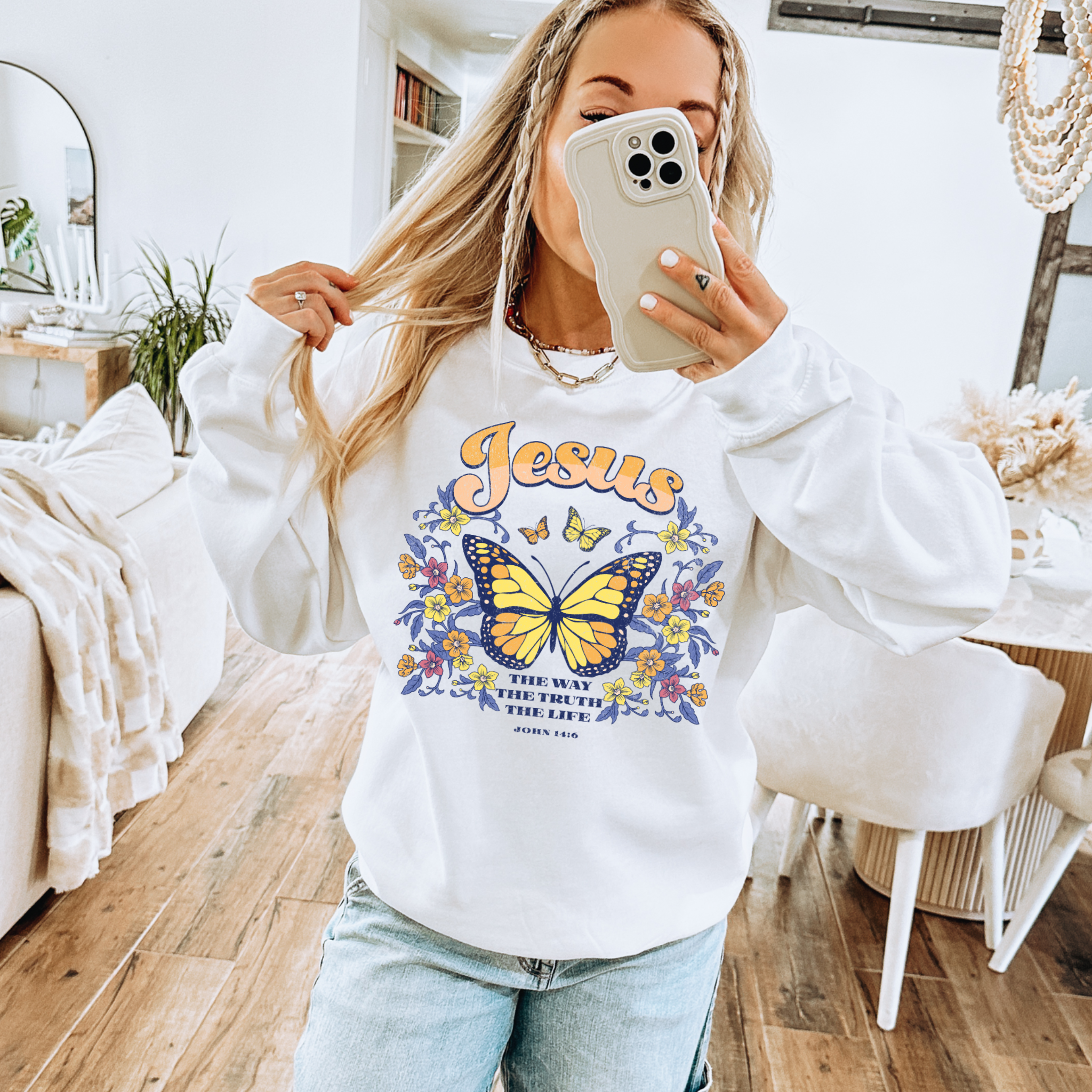 John 14:6 Floral Religious Butterfly Graphic Crewneck - Adult & Kids T-Shirts, Sweatshirts & Hoodies apparel design preview 1