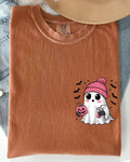 Cute Pink Ghost, Pocket Print, Halloween, Coffee, - Adult & Kids T-Shirts, Sweatshirts & Hoodies apparel design preview 1