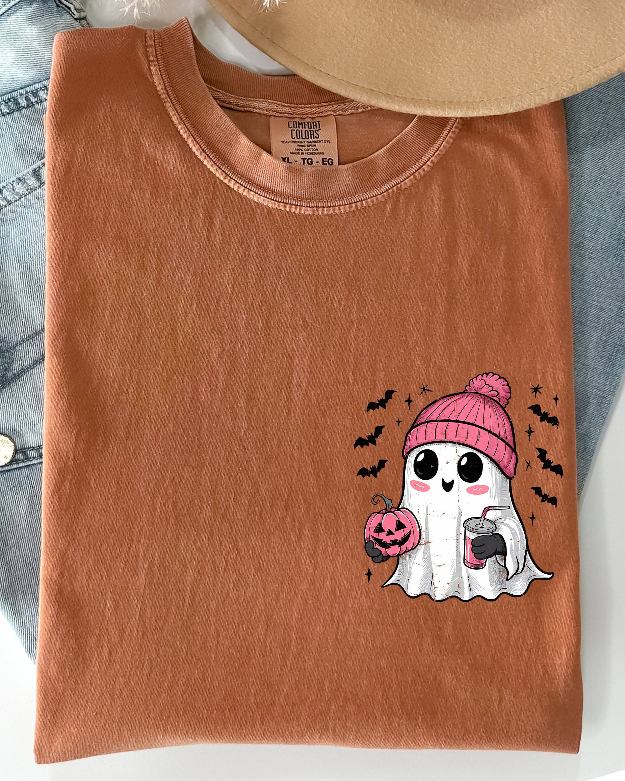 Cute Pink Ghost, Pocket Print, Halloween, Coffee, - Adult & Kids T-Shirts, Sweatshirts & Hoodies apparel design preview 1