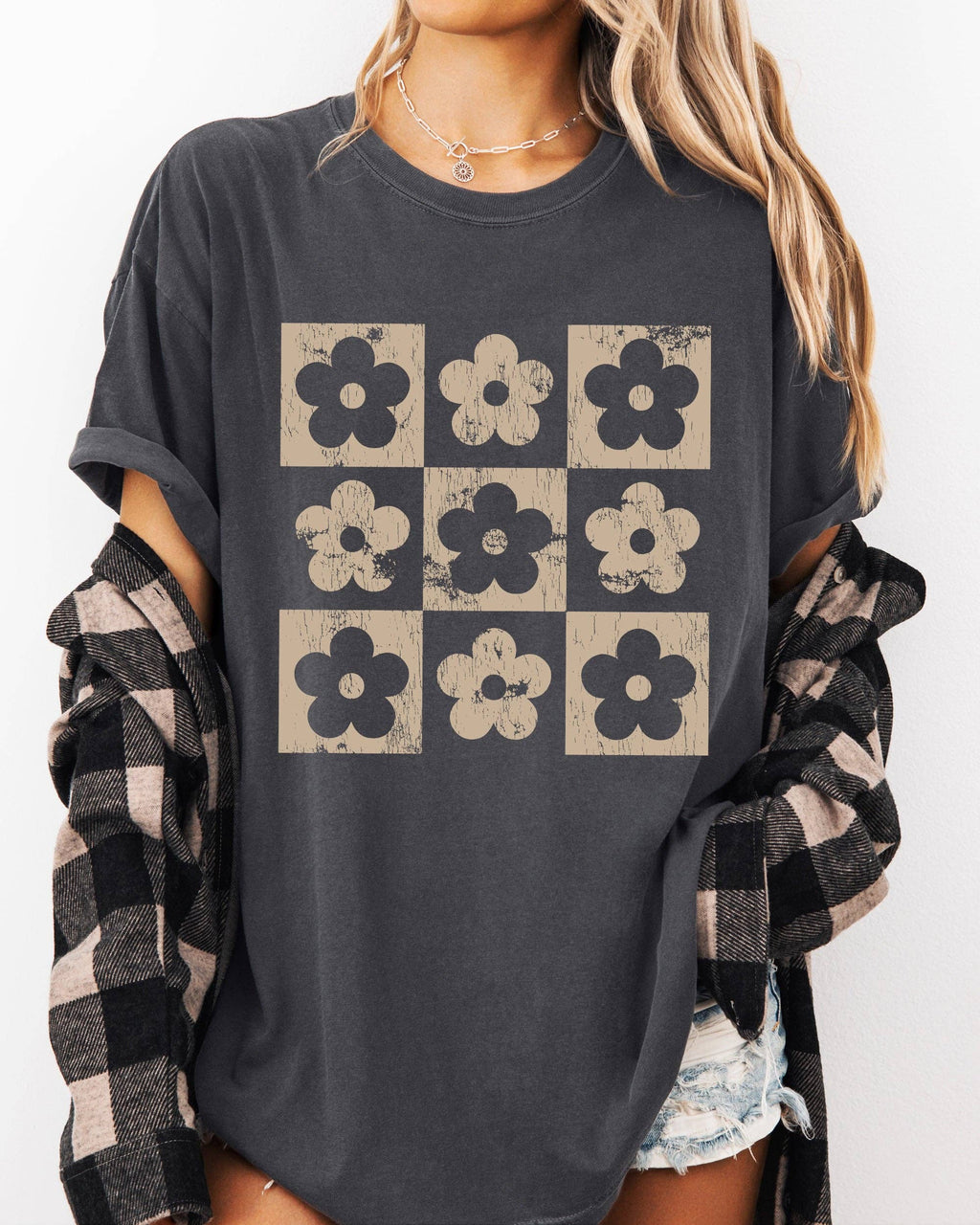 Retro Checkered Flowers, Minimalist, Vintage - Adult & Kids T-Shirts, Sweatshirts & Hoodies apparel design preview 1