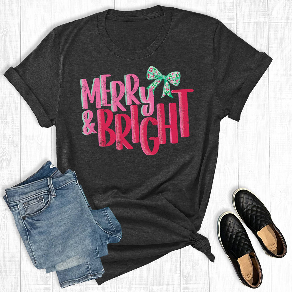 Retro Coquette Merry and Bright Christmas Graphic - Adult & Kids T-Shirts, Sweatshirts & Hoodies apparel design preview 1