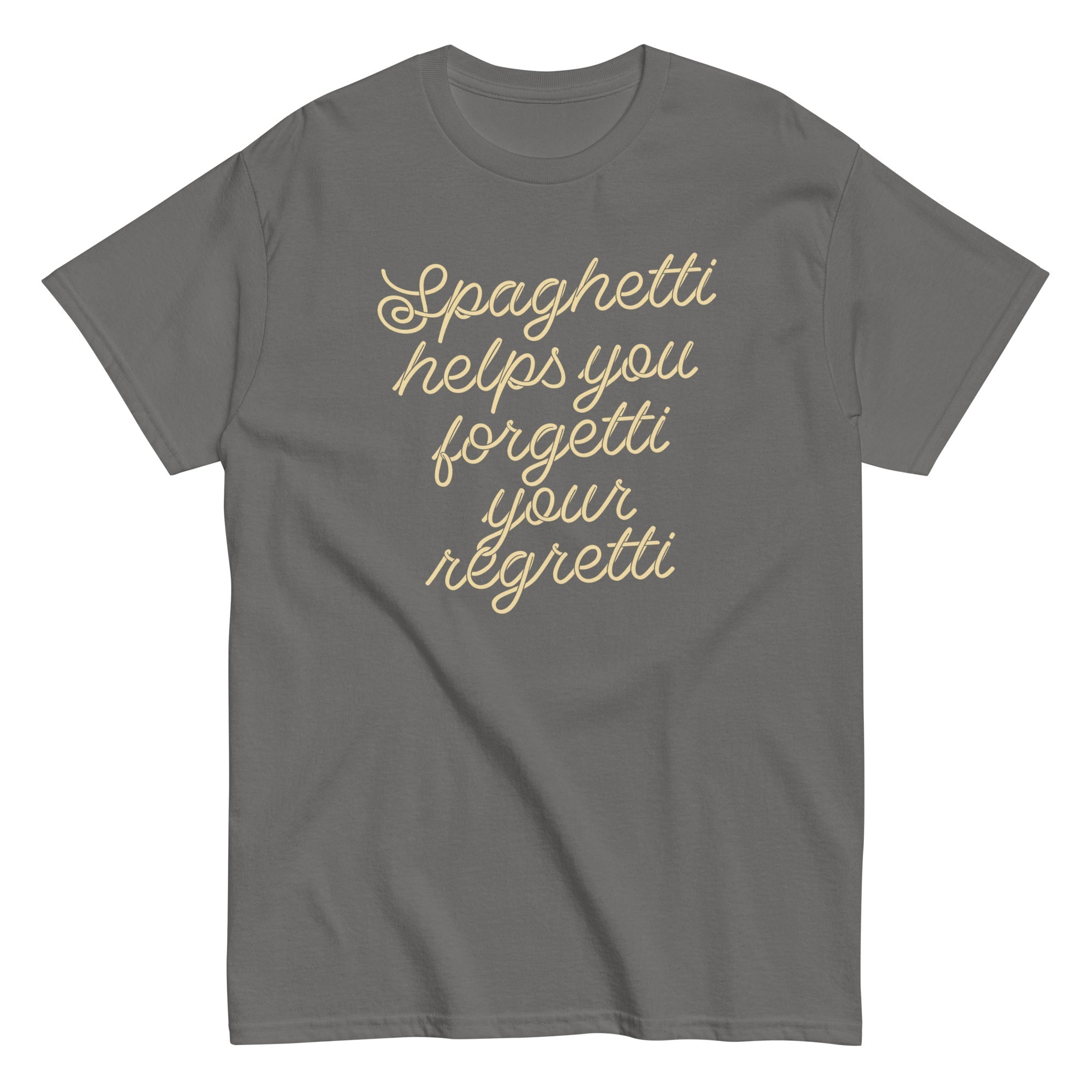 Spaghetti Helps You Forgetti Your Regretti Men's - Adult & Kids T-Shirts, Sweatshirts & Hoodies apparel design preview 1