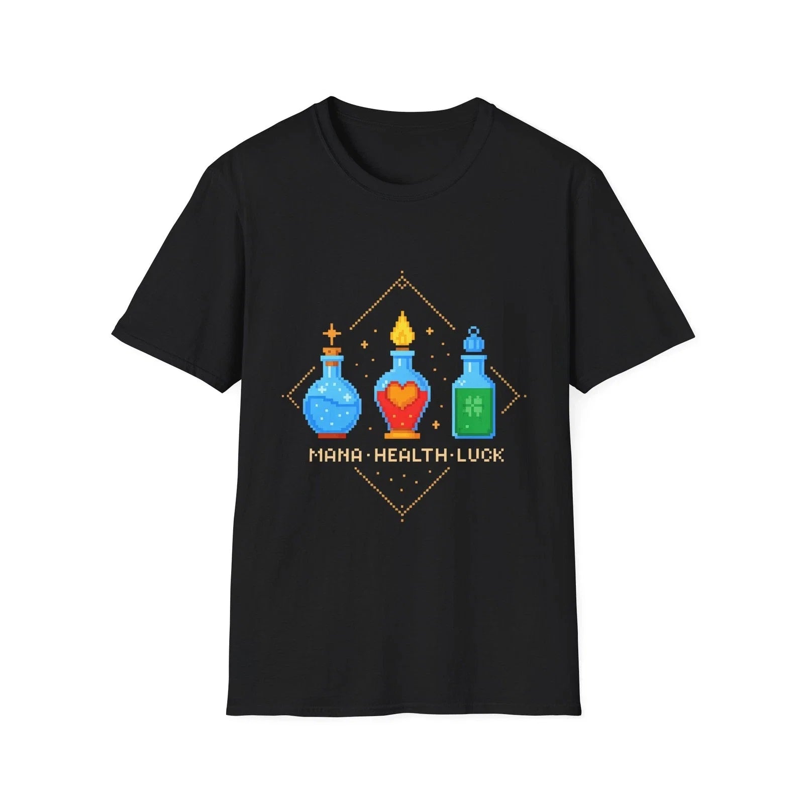 Retro Gamer Pixel Potion Bottles Mana Health Luck - Adult & Kids T-Shirts, Sweatshirts & Hoodies apparel design preview 1