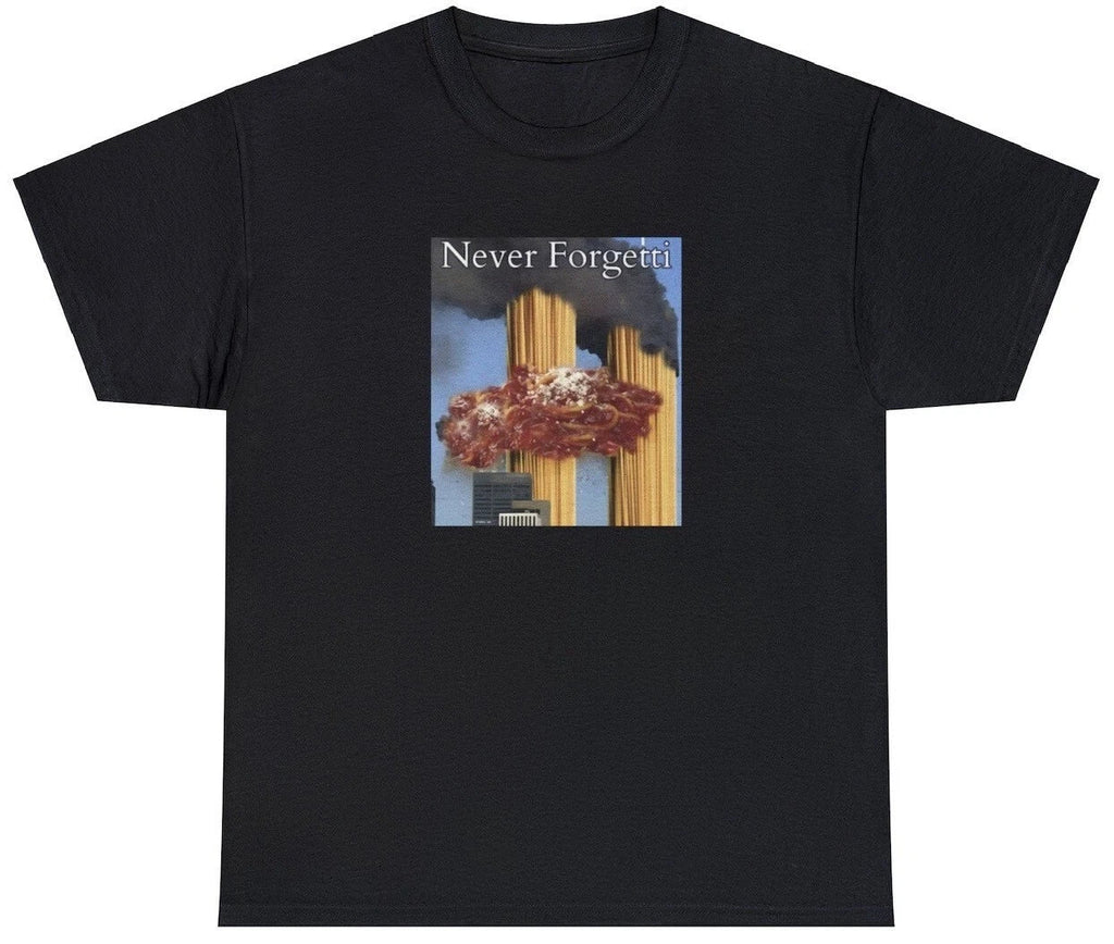 Never Forgetti Funny 9/11 Food Dark Humor Spagetti - Adult & Kids T-Shirts, Sweatshirts & Hoodies apparel design preview 1