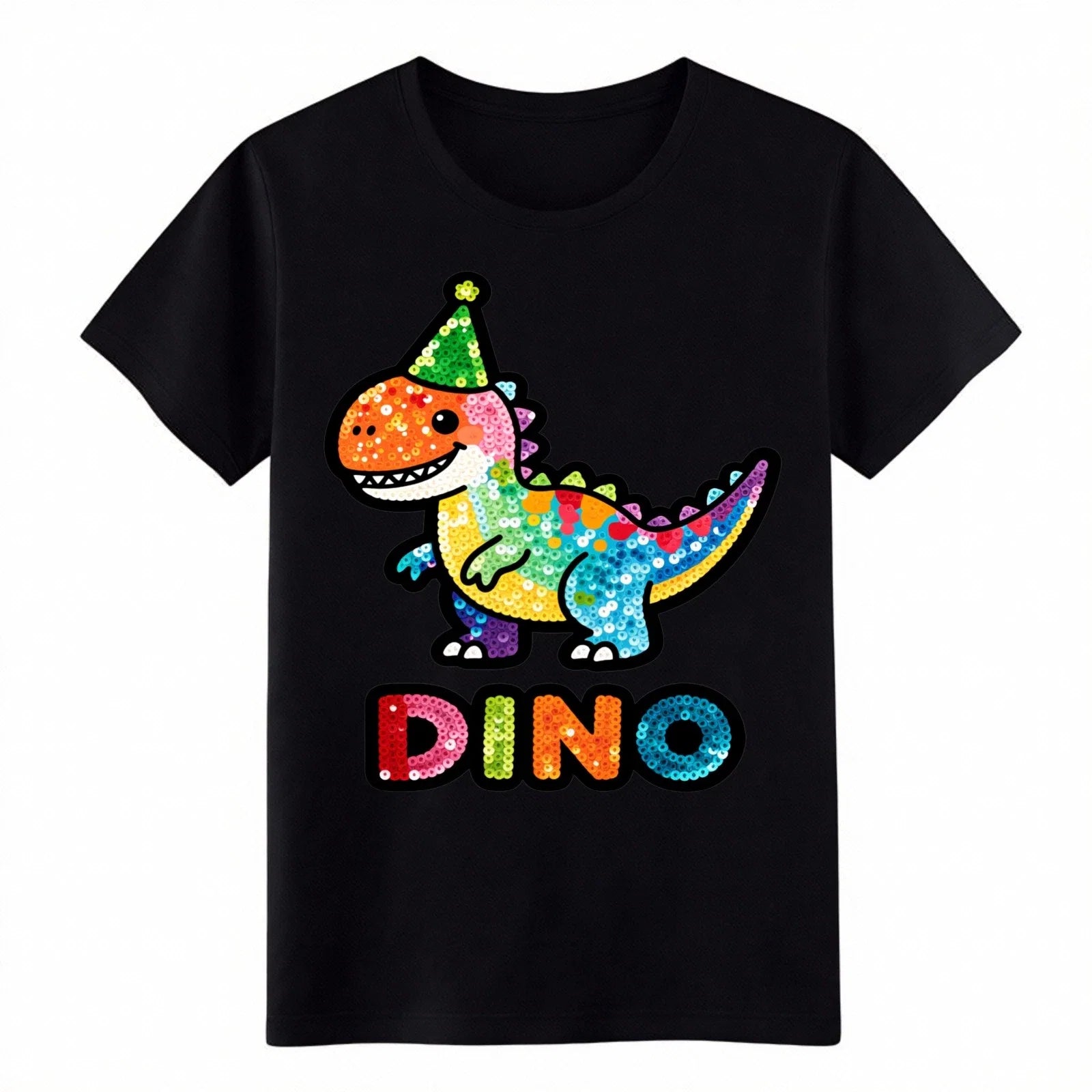 Cute Party T-Rex "DINO" Graphic Colorful Sequin-Style - Adult & Kids T-Shirts, Sweatshirts & Hoodies apparel design preview 1
