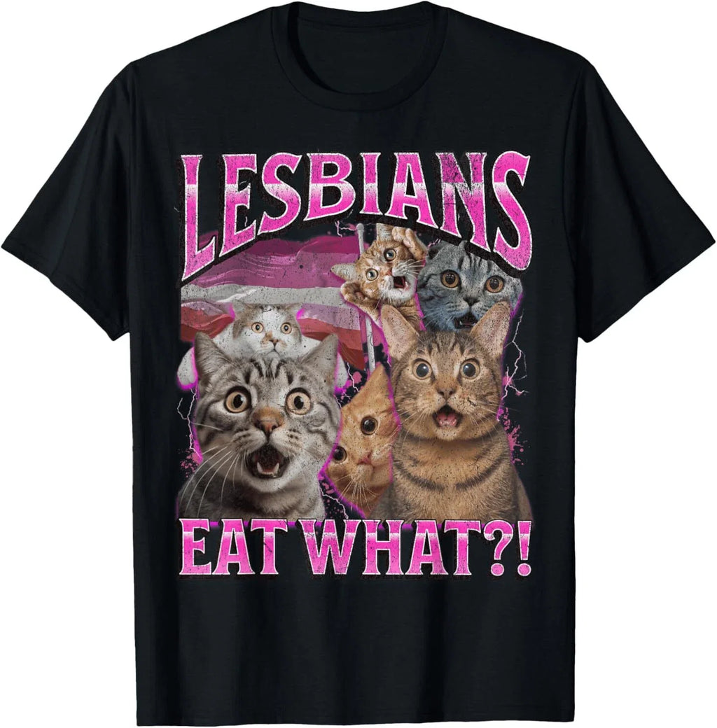 Lesbians Eat What?! Funny Cat Gay Pride LGBTQ Pun - Adult & Kids T-Shirts, Sweatshirts & Hoodies apparel design preview 1