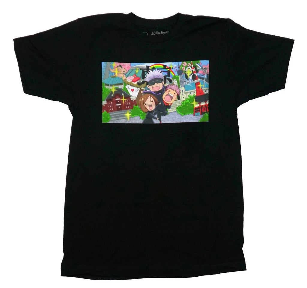 Jujutsu Kaisen Mens Chibi Trio In Rainbow City - Adult & Kids T-Shirts, Sweatshirts & Hoodies apparel design preview 1