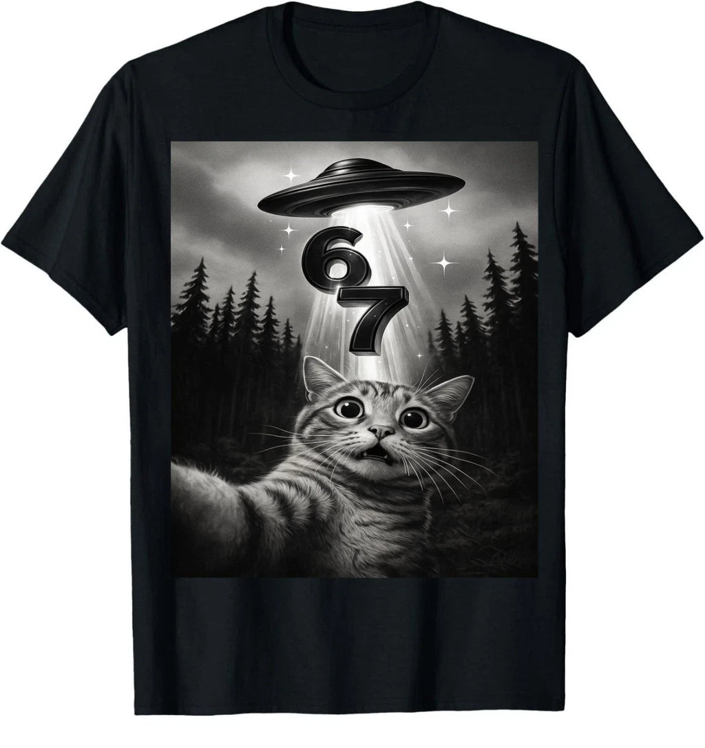 Funny Cat Selfie UFO 67 Six Seven 6 7 Meme Alien Gen - Adult & Kids T-Shirts, Sweatshirts & Hoodies apparel design preview 1