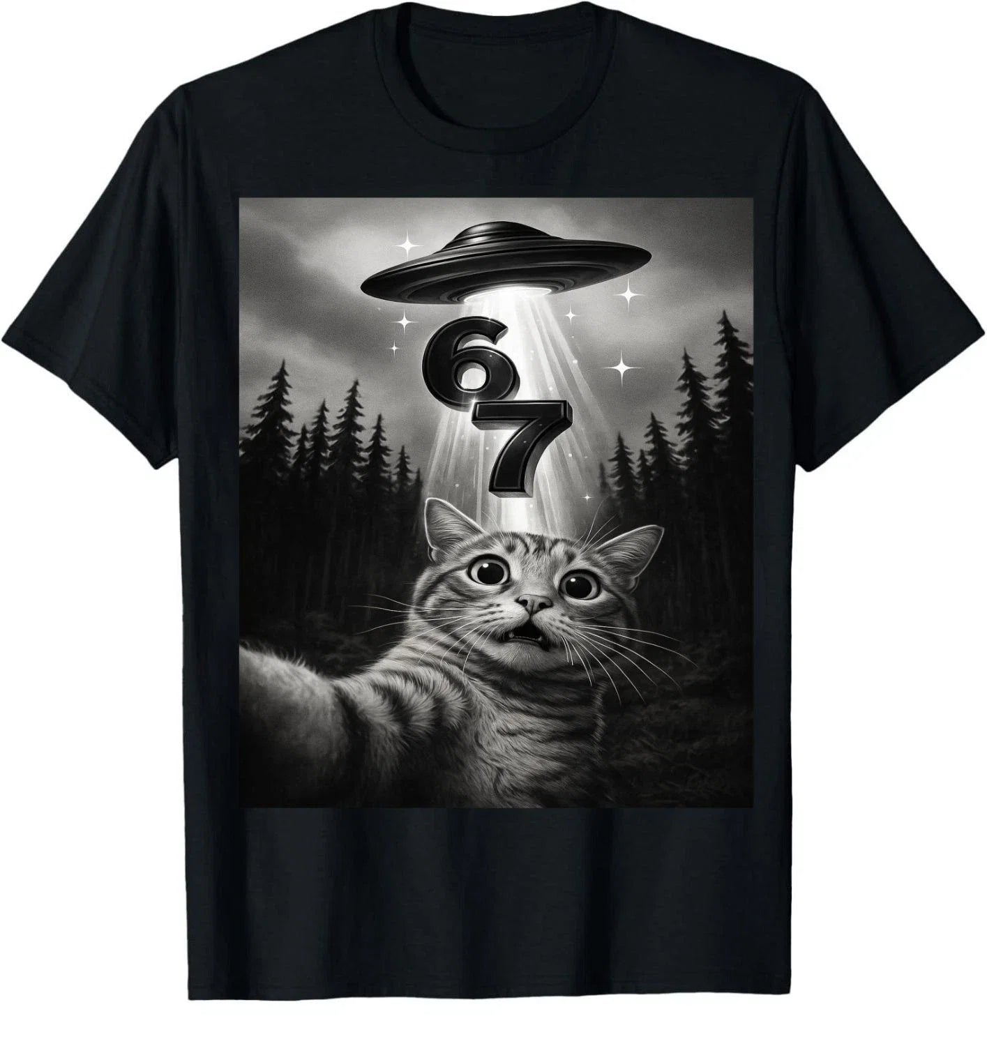 Funny Cat Selfie UFO 67 Six Seven 6 7 Meme Alien Gen - Adult & Kids T-Shirts, Sweatshirts & Hoodies apparel design preview 1