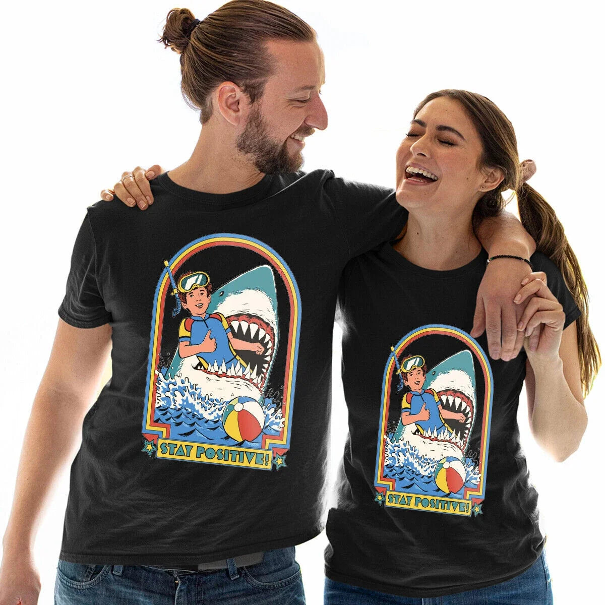 Stay Positive Shark Attack Ocean Funny Birthday Gift - Adult & Kids T-Shirts, Sweatshirts & Hoodies apparel design preview 1