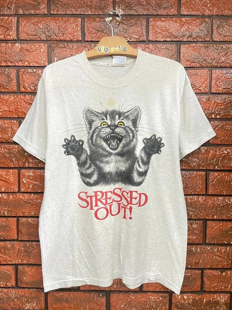 Vintage 90s Funny Cat Stressed Out Animal Lover Pet - Adult & Kids T-Shirts, Sweatshirts & Hoodies apparel design preview 1