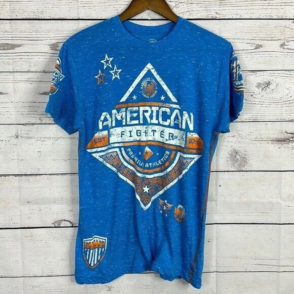 American Fighter Top Mens Medium Blue Graphic Grunge - Adult & Kids T-Shirts, Sweatshirts & Hoodies apparel design preview 1