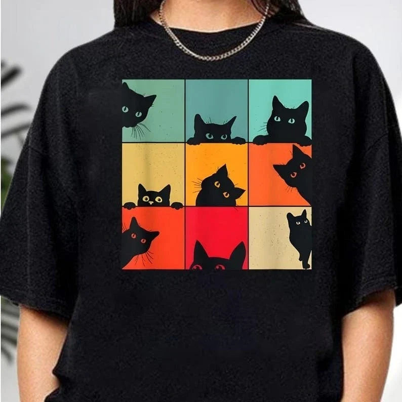 Retro Black Peeking Cats Colorful Grid Pop Art - Adult & Kids T-Shirts, Sweatshirts & Hoodies apparel design preview 1