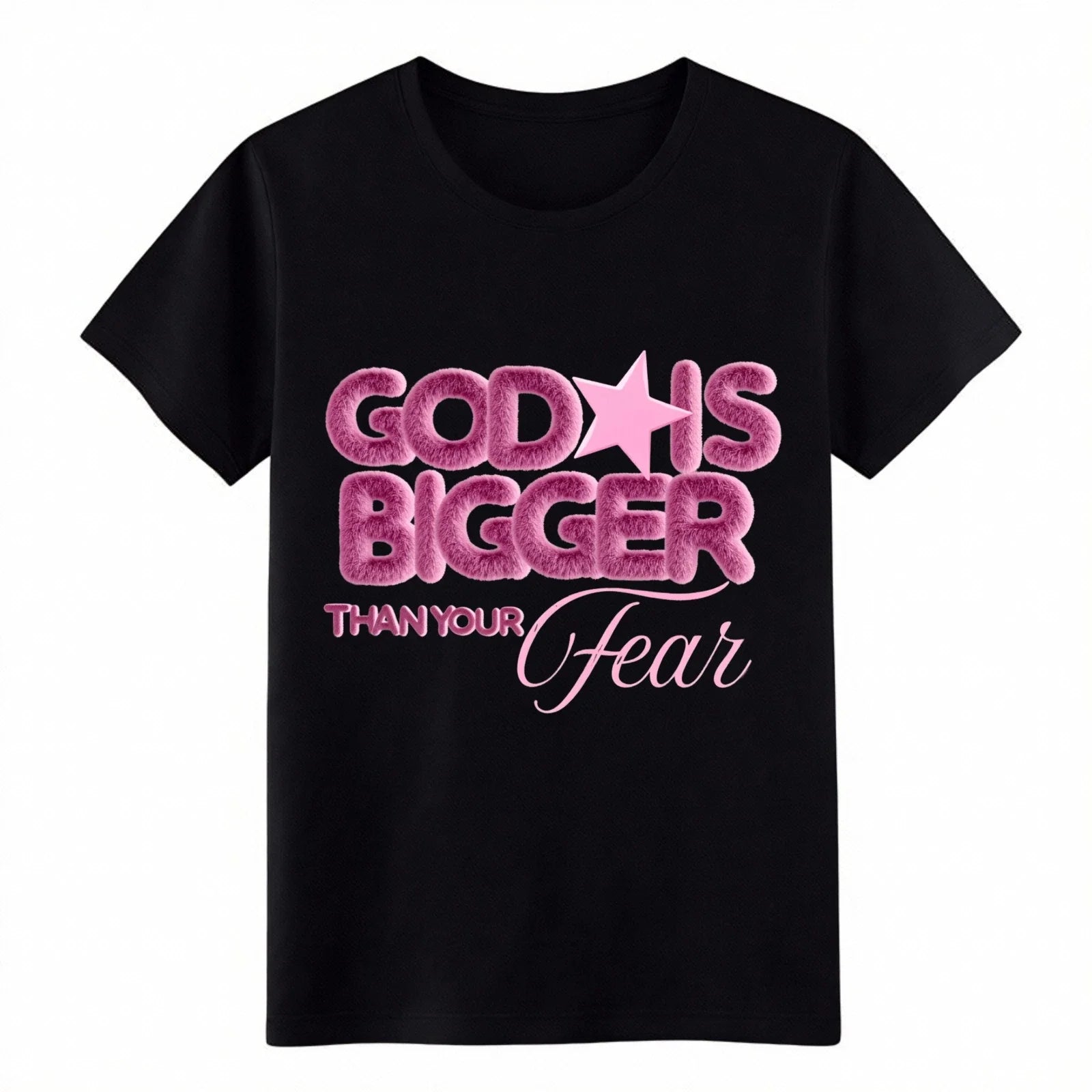 "God Is Bigger Than Your Fear" Pink Fuzzy Christian - Adult & Kids T-Shirts, Sweatshirts & Hoodies apparel design preview 1