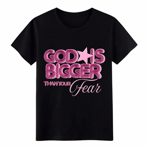 "God Is Bigger Than Your Fear" Pink Fuzzy Christian - Adult & Kids T-Shirts, Sweatshirts & Hoodies apparel design preview 1