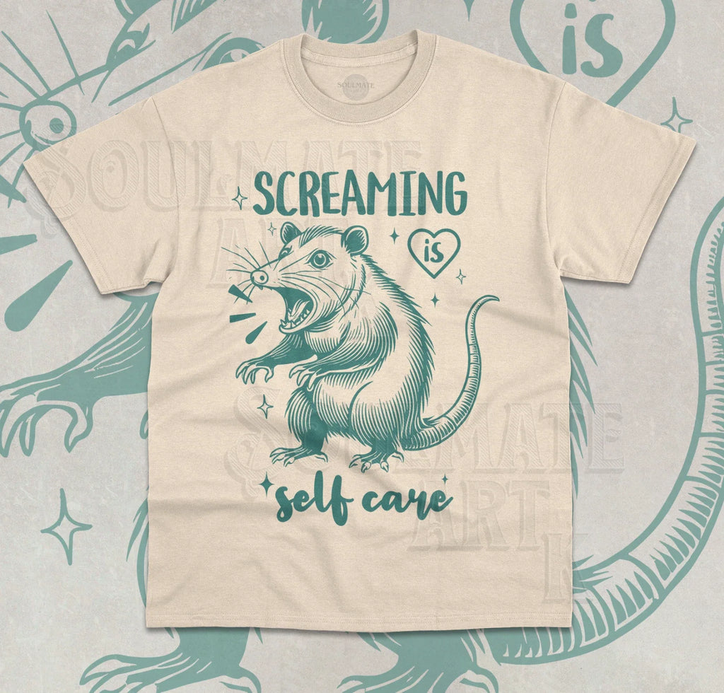 Screaming Is Self Care Funny Meme Opossum - Adult & Kids T-Shirts, Sweatshirts & Hoodies apparel design preview 1