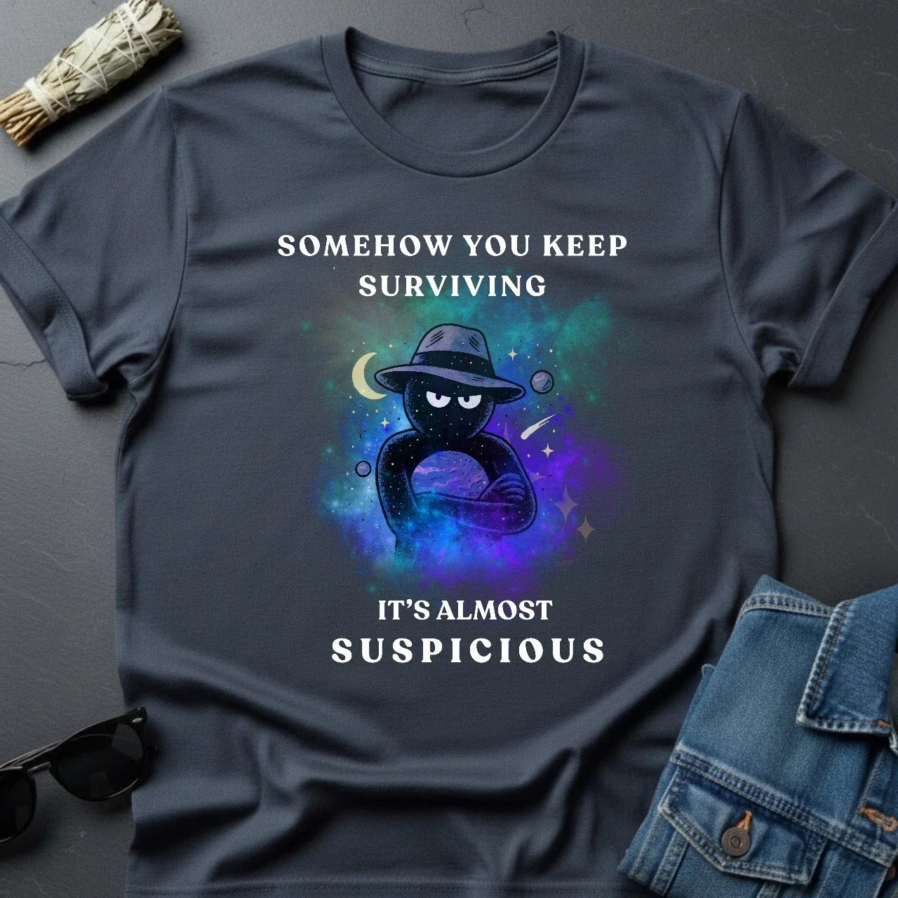 Somehow You Keep Surviving Dark Humor Inspirational - Adult & Kids T-Shirts, Sweatshirts & Hoodies apparel design preview 1