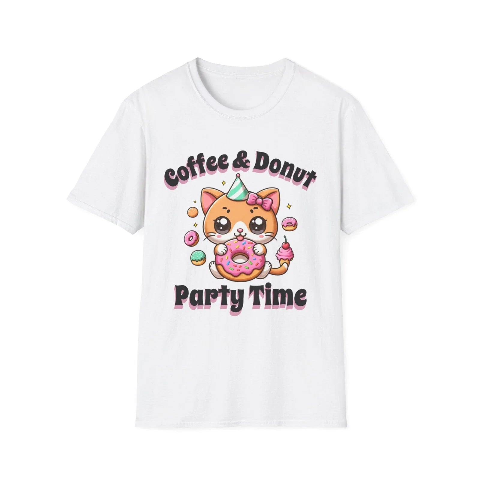 Coffee Donut Party Time Cute Cat Design - Adult & Kids T-Shirts, Sweatshirts & Hoodies apparel design preview 1