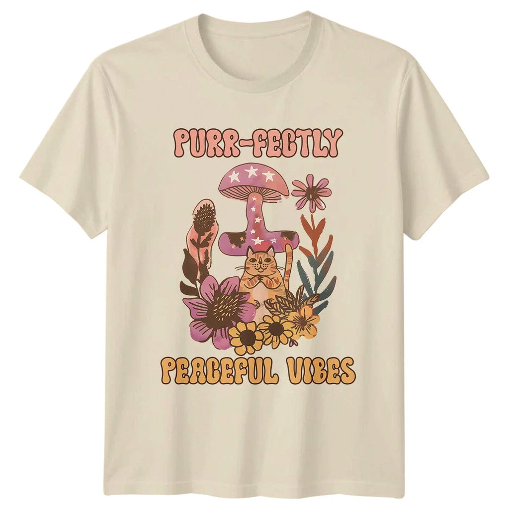 Purr-fectly Peaceful Vibes Cat Mushroom Retro Boho - Adult & Kids T-Shirts, Sweatshirts & Hoodies apparel design preview 1