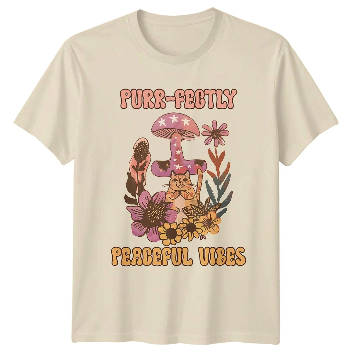 Purr-fectly Peaceful Vibes Cat Mushroom Retro Boho - Adult & Kids T-Shirts, Sweatshirts & Hoodies apparel design preview 1
