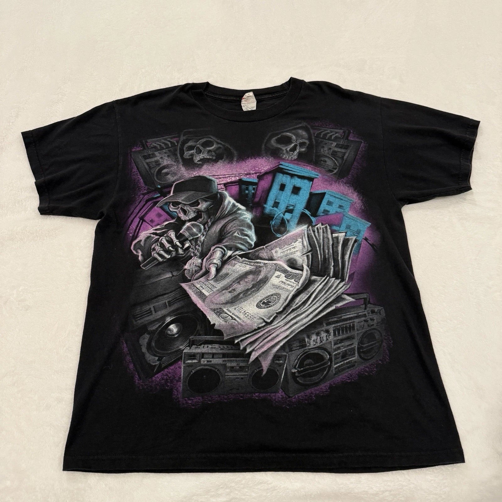 Y2K Dark Gangsta Rap Skeleton DJ With $100 Bills - Adult & Kids T-Shirts, Sweatshirts & Hoodies apparel design preview 1