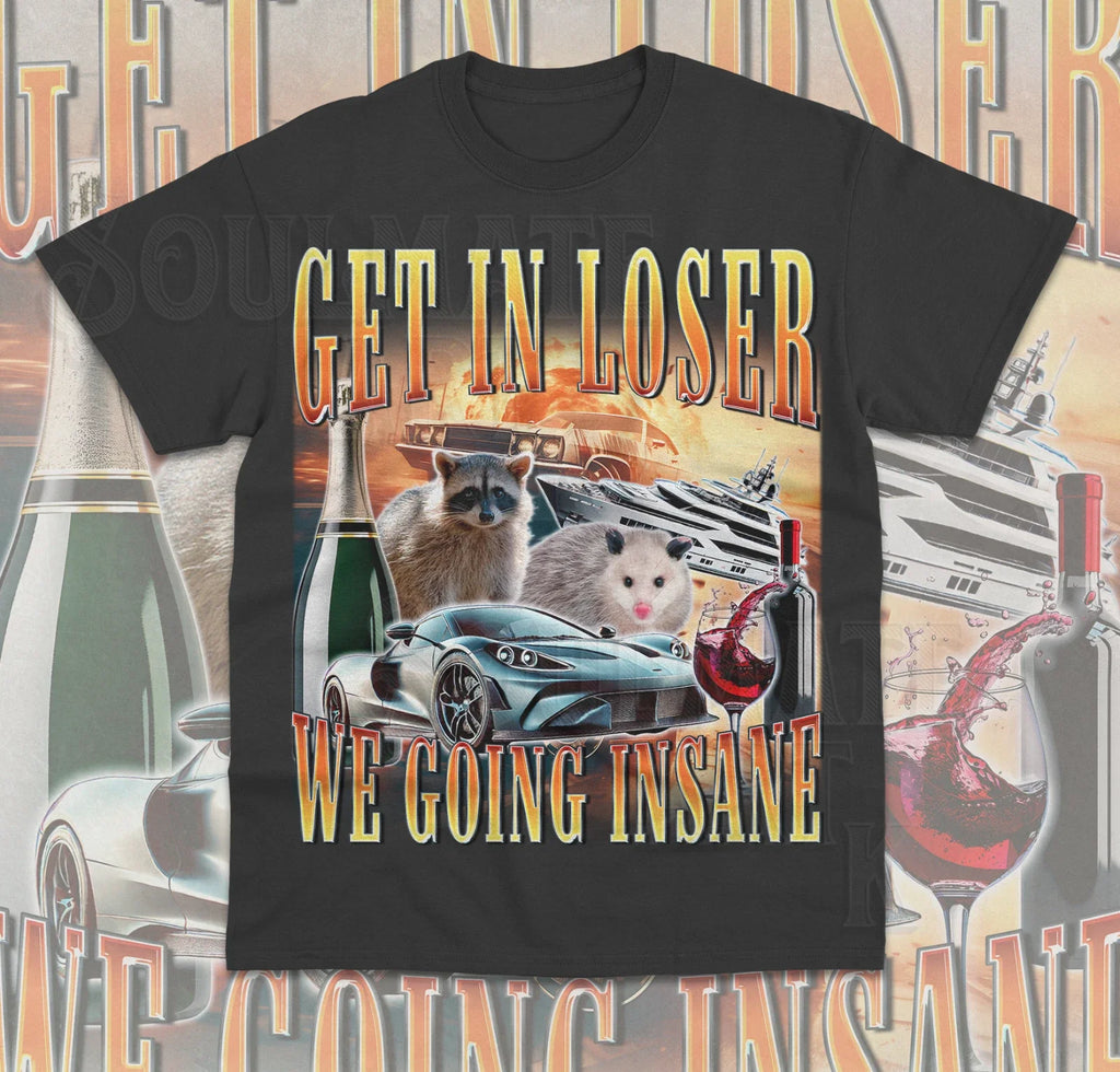 Get In Loser We Going Insane Funny Meme Raccoon - Adult & Kids T-Shirts, Sweatshirts & Hoodies apparel design preview 1
