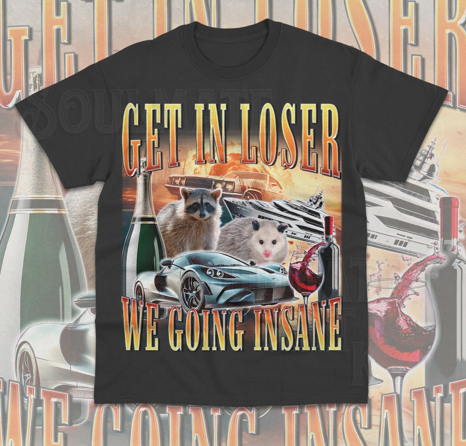Get In Loser We Going Insane Funny Meme Raccoon - Adult & Kids T-Shirts, Sweatshirts & Hoodies apparel design preview 1