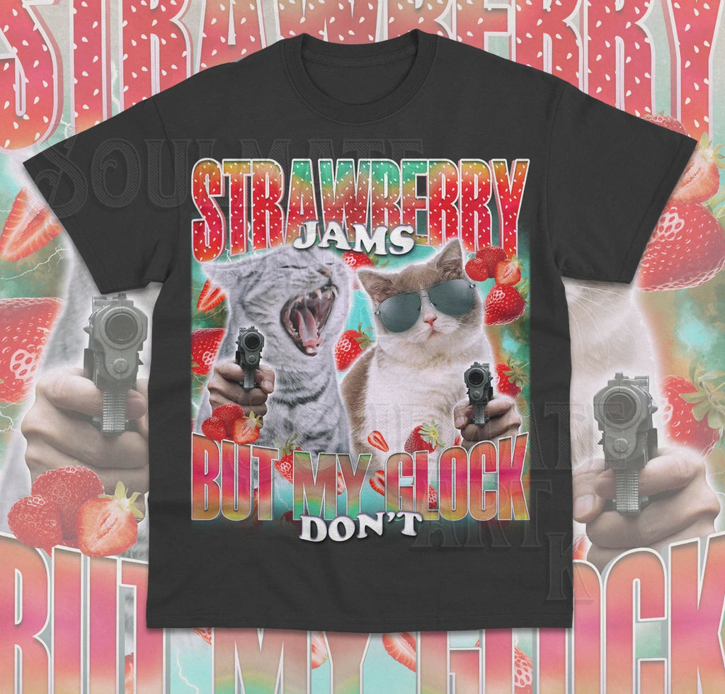 Strawberry Jams But My Glock Don' Funny Cat Meme - Adult & Kids T-Shirts, Sweatshirts & Hoodies apparel design preview 1