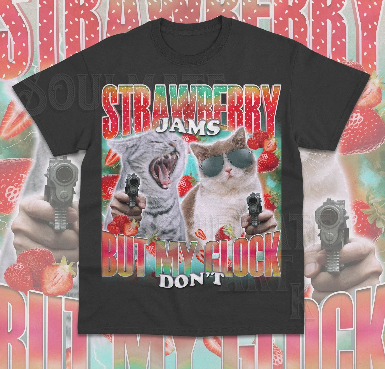 Strawberry Jams But My Glock Don' Funny Cat Meme - Adult & Kids T-Shirts, Sweatshirts & Hoodies apparel design preview 1