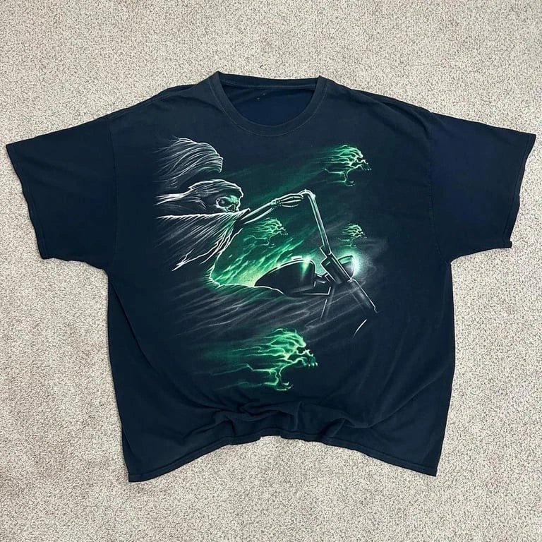 Y2K Grim Reaper Biker Graphic Black Green - Adult & Kids T-Shirts, Sweatshirts & Hoodies apparel design preview 1