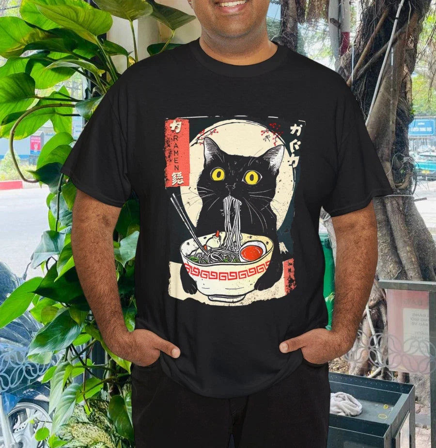 Kawaii Cat Eating Ramen Noodles Funny Anime Gift - Adult & Kids T-Shirts, Sweatshirts & Hoodies apparel design preview 1