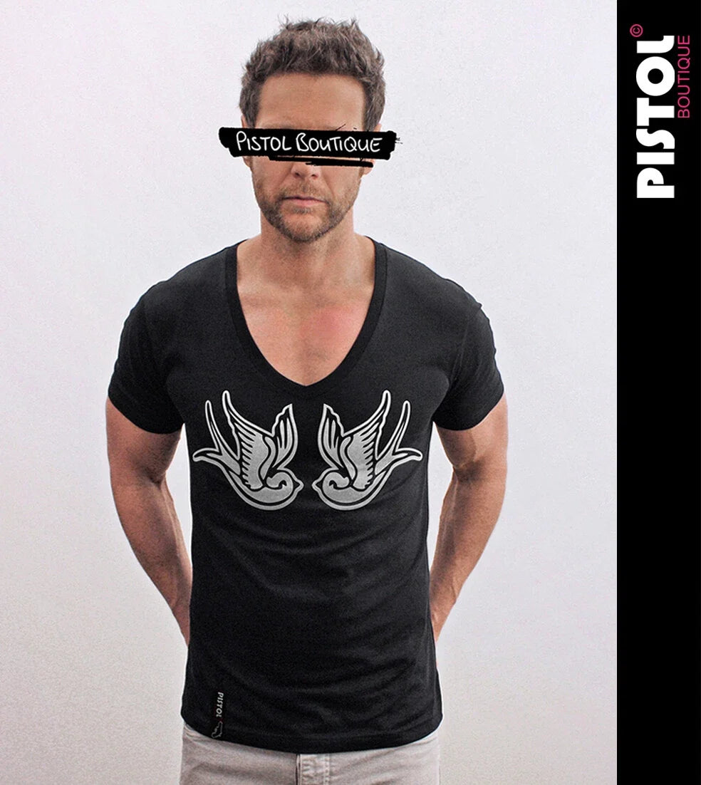 Pistol Boutique Men's Black Deep V Tattoo Swallows - Adult & Kids T-Shirts, Sweatshirts & Hoodies apparel design preview 1