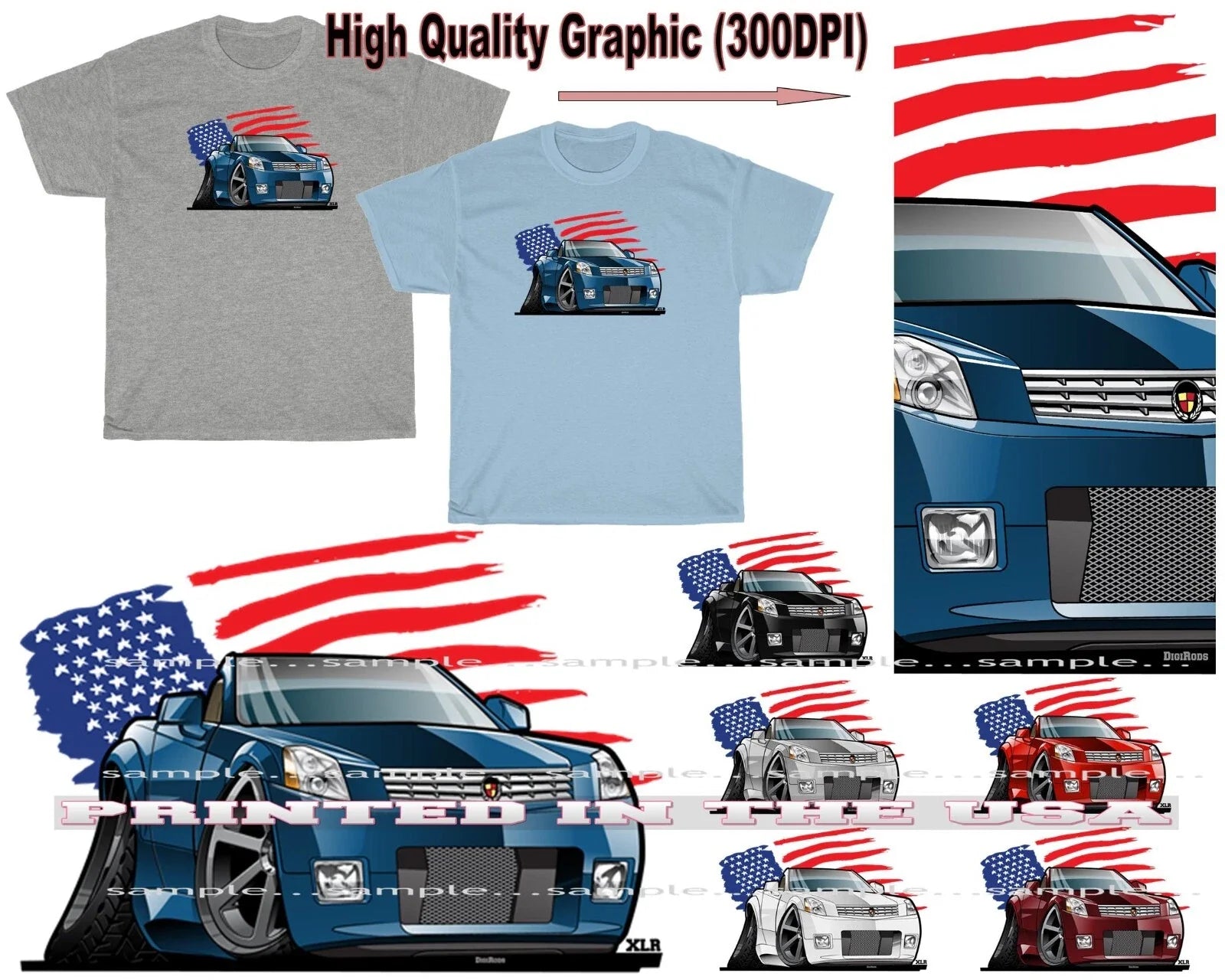 Cadillac XLR Convertible USA Flag DigiRods Cartoon - Adult & Kids T-Shirts, Sweatshirts & Hoodies apparel design preview 1