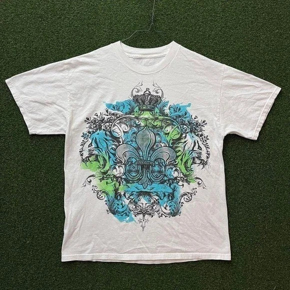 Y2K Mens White Graphic Fleur De Lis Crown Tiger Crest - Adult & Kids T-Shirts, Sweatshirts & Hoodies apparel design preview 1