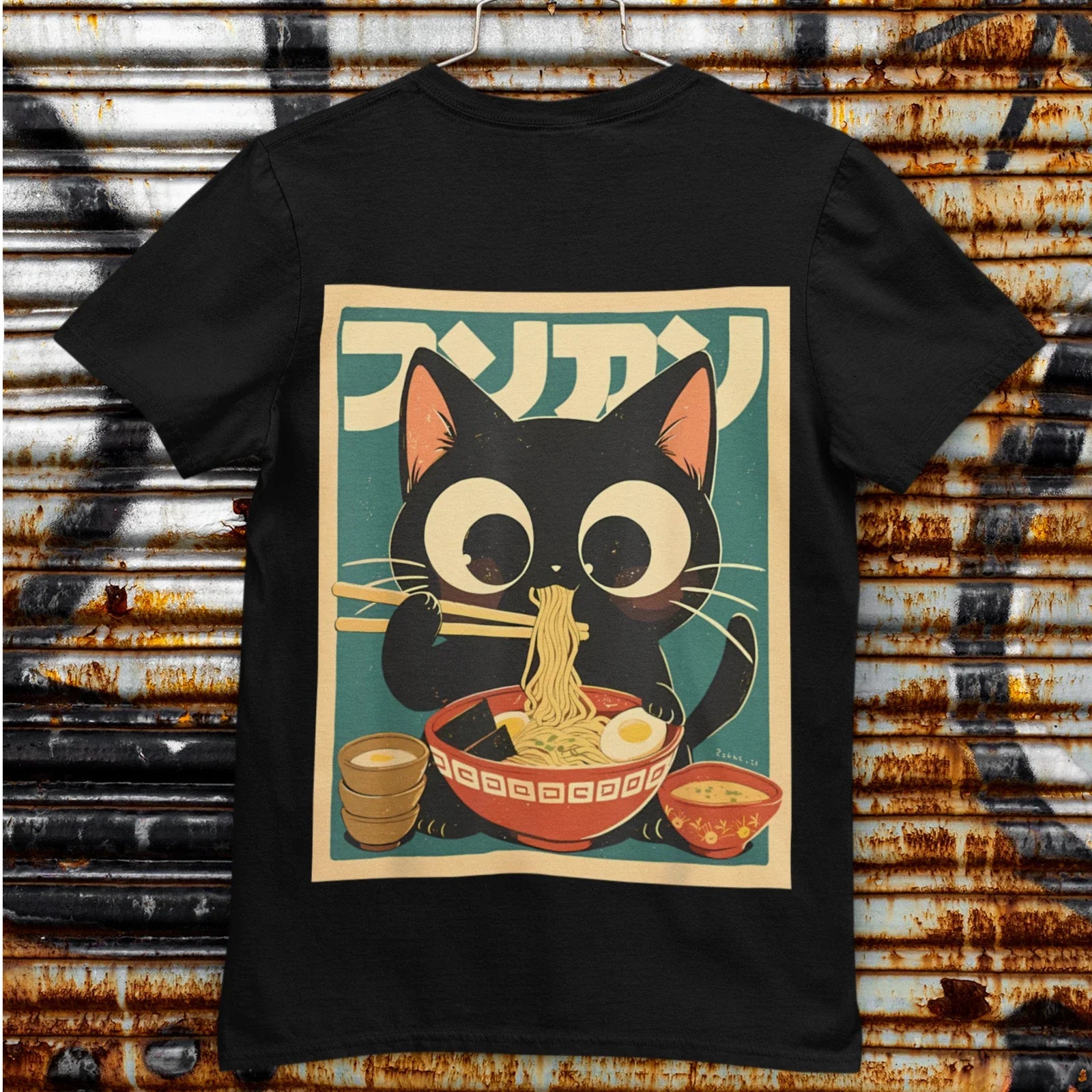 Cute Black Cat Eating Ramen Kawaii Anime Japanese - Adult & Kids T-Shirts, Sweatshirts & Hoodies apparel design preview 1